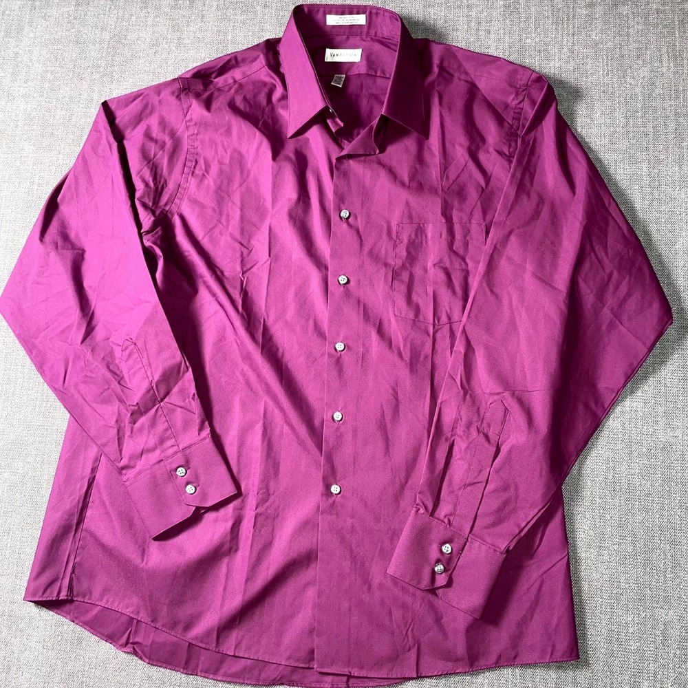 Van Heusen Dress Shirt Mens 17 Magenta Herringbone Wrinkle Free Cotton Business
